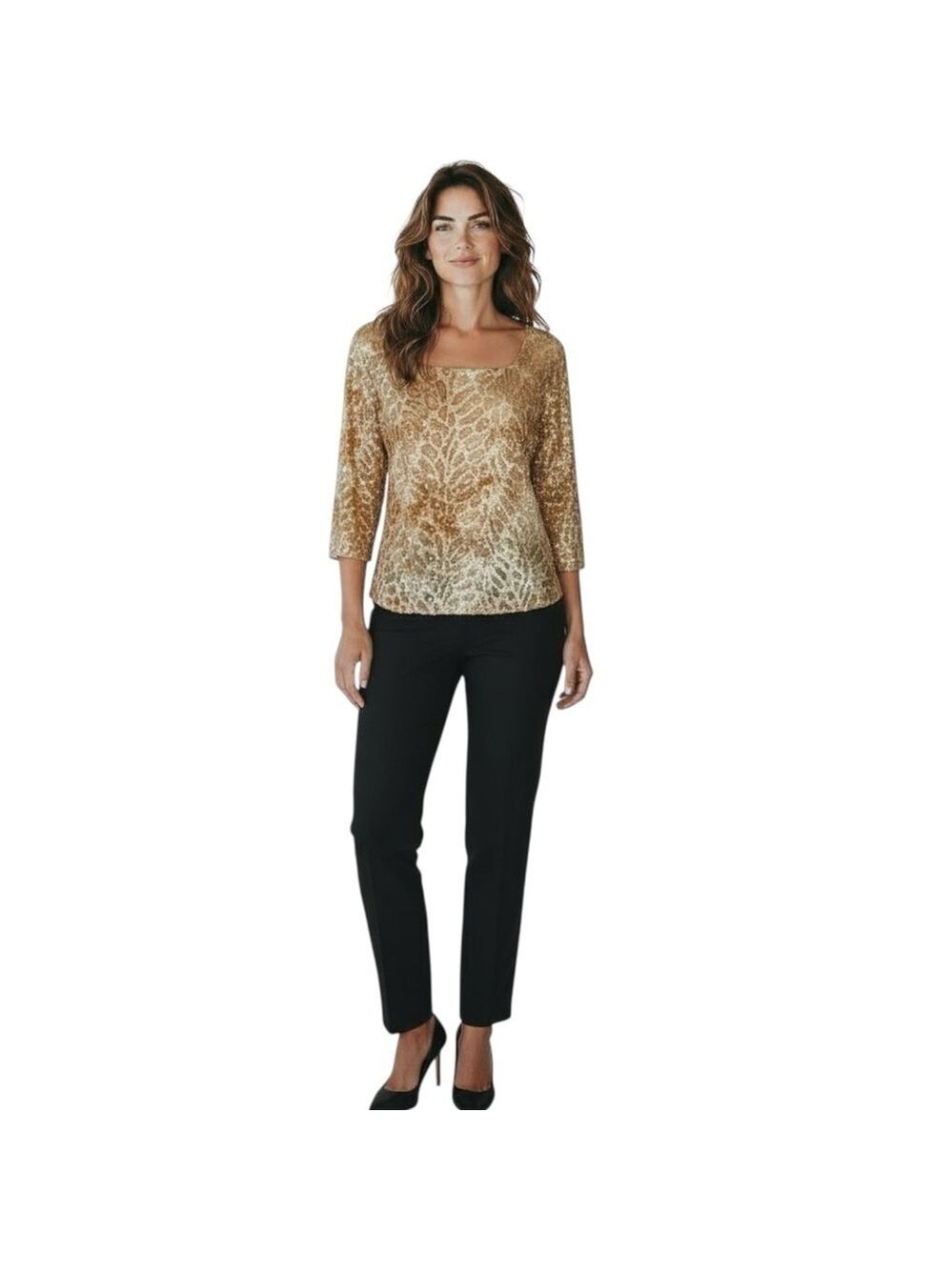 Dressbarn Woman Size 1X Gold Brown Lace Sparkle Blouse